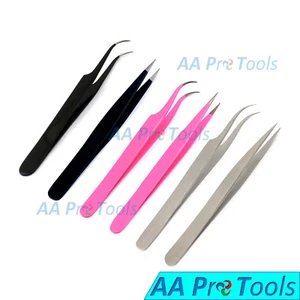 6 PCS Eyelash Extension Tweezers Straight & Curved Tweezer Set Silver Black Pink - Picture 1 of 3