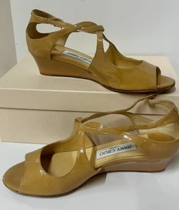 Jimmy Choo sz. 36.5 6.5 Nude Patent Leather Strappy Demi Wedge Sandals - Picture 1 of 8