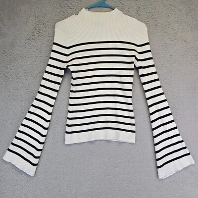 Ellen Tracy 毛衣女式 S 白色条纹喇叭袖罗纹极简主义 Y2K — 第 1/4 张图片