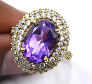 6.1 Gm 925 Sterling Silver Amethyst Cut Gemstone Two Tone Ring 9.5" US M2583 - Picture 1 of 5