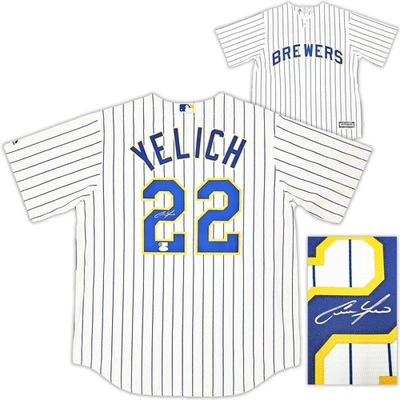 Brewers Christian Yelich Signed White Pinstripe Majestic Jersey Size L JSA - Image 1 of 4