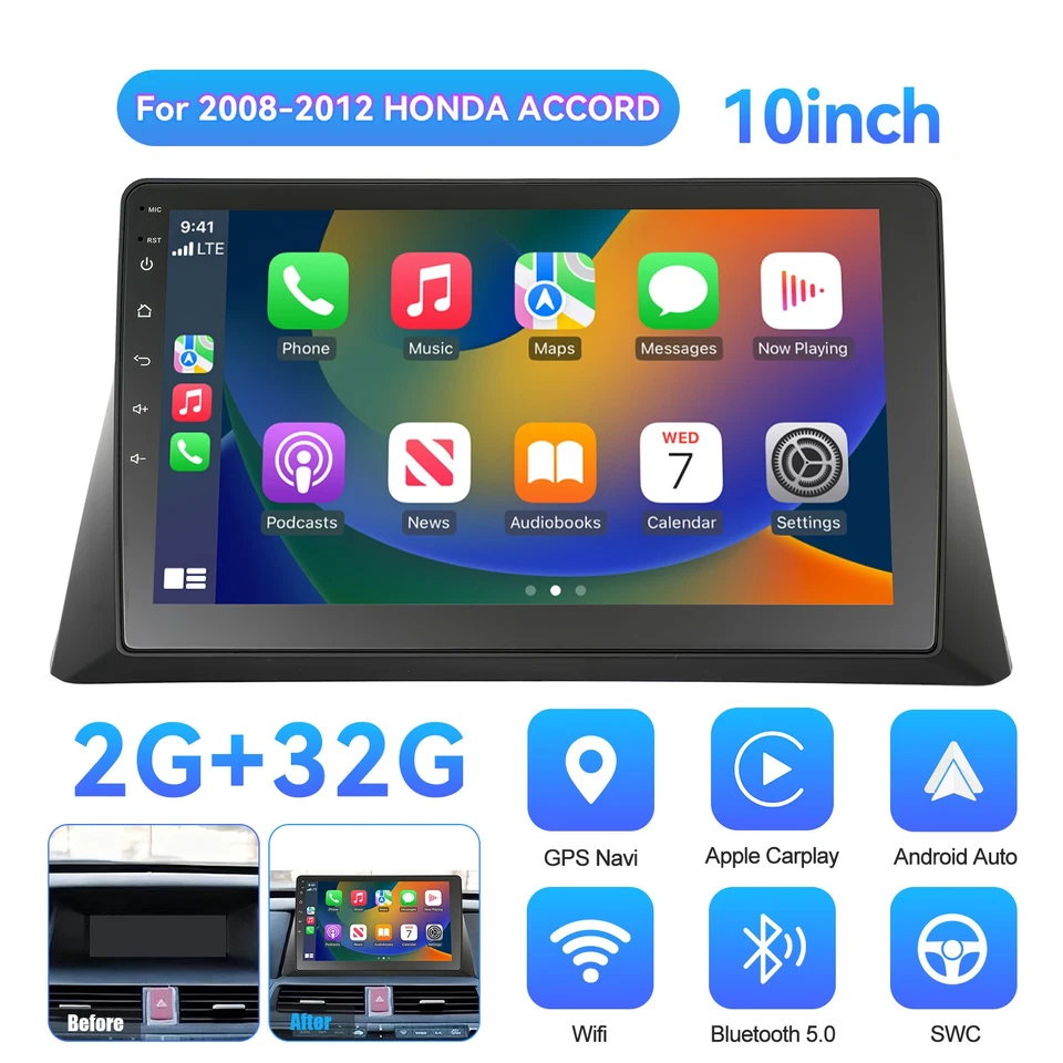 FOR HONDA ACCORD 2008-2012 ANDROID AUTO APPLE CARPLAY CAR STEREO GPS NAVI RADIO - Image 1 of 4