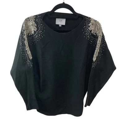 Suéter LIV Para Mujer Negro Con Cuentas Lentejuelas Manga Larga Top M Glam Dolman Años 80 De Colección Foto 1 de 4