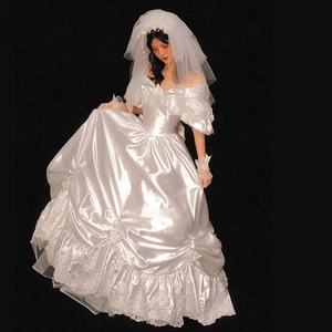 Vintage White Satin Ruffles Rose V Neck Short Puff Sleeve Flower Wedding Dresses - Picture 1 of 10