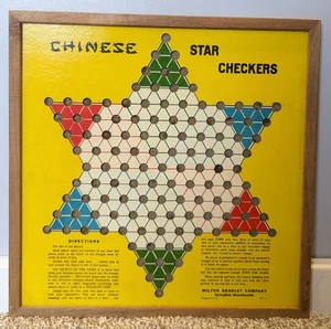 Milton Bradley Chinese Star Checkers Reversible Board Wood Framed Vintage Yellow - Picture 1 of 9
