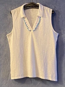 NWT T by Talbots Sz L Womens Polo Tee Shirt Sleeveless White Ruffle V-Neck - Picture 1 of 10
