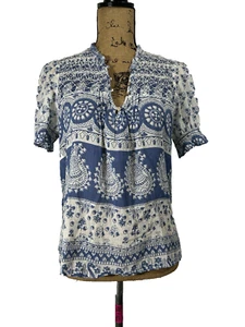 Joie Damen Bluse transparent gesmokt Knopf Medium Bauern Paisley blau Boho - Bild 1 von 11