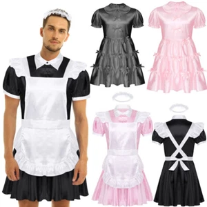 Men's Bowknot Satin French Maid Uniform Crossdressing Lingerie Costume Dress - Picture 1 of 53