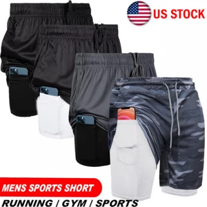 Pantalones Cortos De Correr Para Hombres Sports Gym Fitness Entrenamiento 2-En-1 - Picture 1 of 26