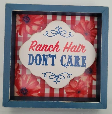 Pioneer Woman Wooden Shadowbox Sign " Ranch Hair Don't Care" Blue Frame 6X6X1.5 - Image 1 of 4