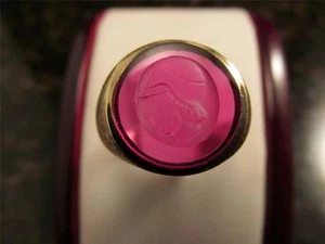 Vintage 14k Solid Yellow Gold Hand Carve Etched Synthetic Red Ruby 6 quilates Ring - Imagen 1 de 1