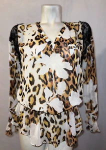 BOSTON PROPER Top Women's Size 0 XS Brown Blk Animal Print V-neck Lace LS Blouse - Picture 1 of 7