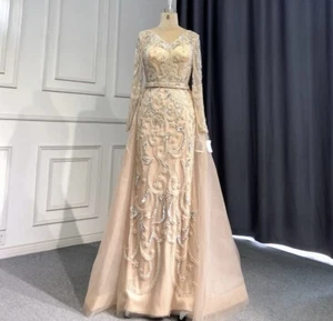 Nude Long Sleeve Evening Dress With Overskirt - Picture 1 of 4