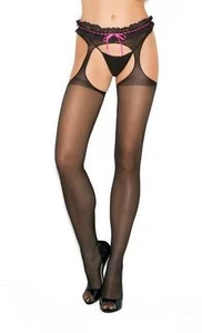 Sheer Suspender Pantyhose Ruffle Lace Trim Pink Ribbon Top Crotchless Black 1832 - Picture 1 of 3
