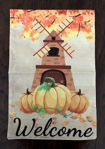New GARDEN FLAG 12" x 18" Fall Autumn Burlap Fabric Pumpkins Windmill - Picture 1 of 5