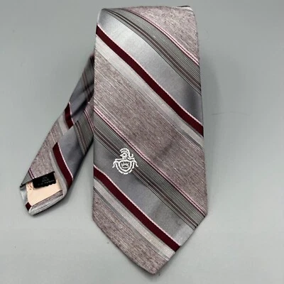 Vintage 1970s "Via Re" Men's Embroidered Crest Regimental Striped Silver Tie - Image 1 of 4