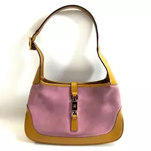 GUCCI Jackie Suede One Shoulder Bag Pink Brown Jacquard Leather Used Good - Picture 1 of 14