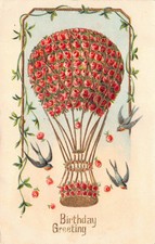 Birthday Greetings Postcard Pink Rose Roses Hot Air Balloon Birds~125673