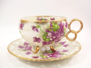Vintage Japan Royal Sealy Lusterware Violets 3-Footed Tea Cup & Saucer - Picture 1 of 11