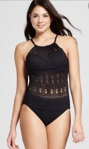 Aqua Green Womens Swimsuit One Piece Black Crochet Bathing Suit Large New - Picture 1 of 6