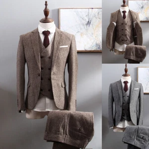 Men Wool Blend Suit Jacket Pants Vest Wedding Tuxedo Slim Fit Formal Gray Suits - Picture 1 of 14
