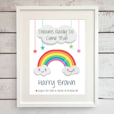 Personalised Rainbow Nursery Picture Dreams Print Baby Boy Girl Birth Details