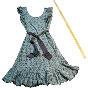 Effies Heart Bicycle Print Dress Women's Medium Blue Ruffle Sleeve Tie Waist - Picture 1 of 8