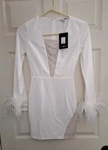 Fashion Nova Vegas Lights White Feather & Sequin Mini Dress Long Sleeve Size XS - Bild 1 von 6