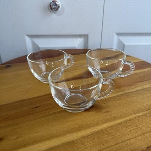 Set of 3 Vintage Federal Glass Tea Punch Cup Clear Glass Ribbed Bubble Handle - Picture 1 of 7