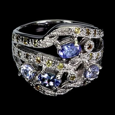 925 Anello Argento Sterling Ovale Tanzanite Zaffiro Naturale Gemma Misura 7 - Immagine 1 di 4