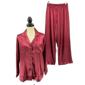 Alexander Del Rossa Burgunderrot Schwarz Paspel Satin Pyjama Set Damen Large - Bild 1 von 10