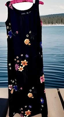 Liz Claiborne Dress 8 Silky Black Floral Y2K Midi Sundress Fully Lined Sheath - Image 1 of 4