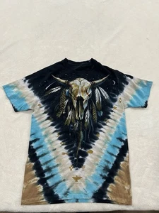 Vintage 2003 flüssigblau Batik Indianer Bison Totenkopf T-Shirt AOP Herren Small - Bild 1 von 5
