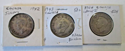 3 Canadian 800 Silver Half Dollars 1942, 43, 44, King George VI - Image 1 of 4