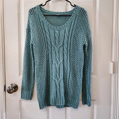 Suéter para mujer Charlotte Russe talla pequeña verde azulado tejido abierto cable manga larga Foto 1 de 3