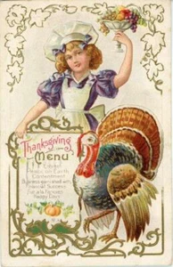 POSTAL IMPRESA DE ACCIÓN DE GRACIAS AMERICANA/SALUDOS PAVO CON MENÚ DE ACCIÓN DE GRACIAS - Imagen 1 de 2