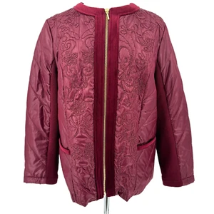 Zenergy Chicos Jacket Size 2 Maroon Velvet Trim Embroidered Japanese Floral - Picture 1 of 13