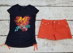 JUSTICE / GAP Girls Art Is Awesome Blue Top & Orange Denim Shorts 12 GUC - Picture 1 of 5