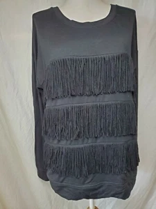 JOIE Soft  Barata Fringe Sweater Sweatshirt Sz L Black Round Neck - Picture 1 of 7