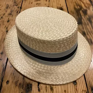 1940s Vintage KNOX Mens Italian Straw Fedora Flat Top Grey Band Size 2, 22” - Picture 1 of 11