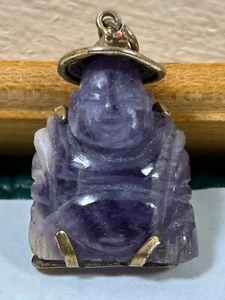VINTAGE 14 K / AMETHYST BUDDHA WITH A HAT & CRYSTAL PENDENT - Picture 1 of 10