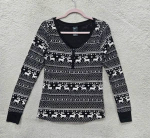 H M Women Top Medium Black Fair Isle Cotton Blend Long Sleeve Casual Pajama Top - Picture 1 of 17