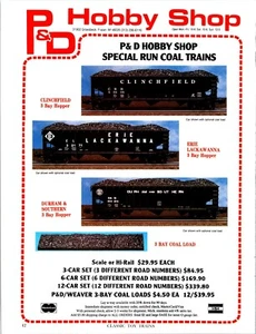 Lote de 2 anuncios impresos vintage trenes carbón carrera especial P&D Hobby Shop - Imagen 1 de 2