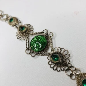 Y2K Metal Woven & Linked Bracelet w/ Bright Green Stones  7” Hook & Loop Closure - Picture 1 of 4