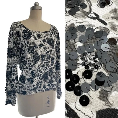 Suéter de Lujo Nuevo Sin Etiquetas Oscar de la Renta Lentejuelas Floral Negro Blanco Tejido M Foto 1 de 4