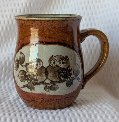 Vintage 2 Owls On A Branch Mug Brown Speckle Drip Glaze Stoneware Pottery - Image 1 of 4