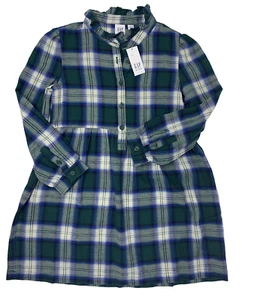 NWT Gap Kids Girls S 6 7 Green Blue Plaid Flannel Ruffle Collar Dress - Picture 1 of 9