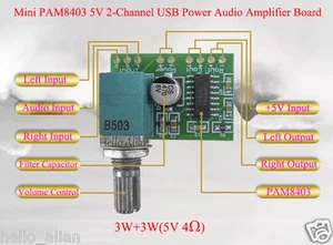 Mini PAM8403 DC5V 3W+3W 2 Channel USB Power Audio Amplifier Board Volume Knob - Picture 1 of 7