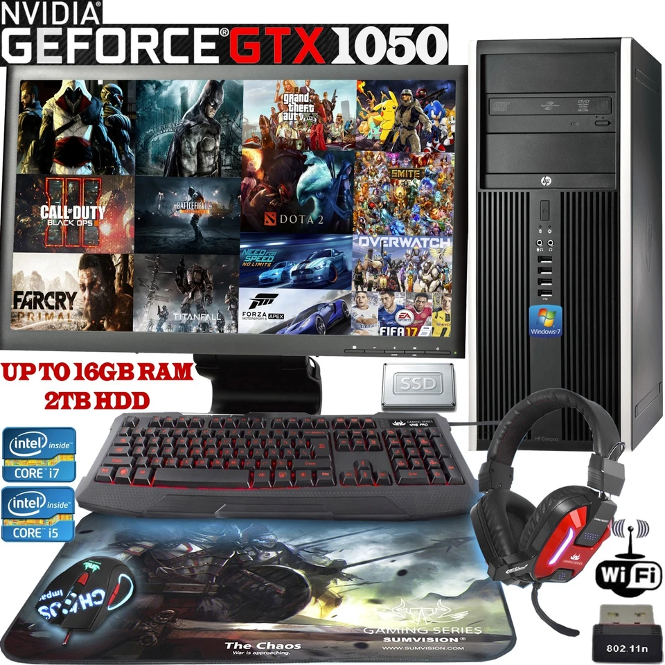 Fast Gaming PC  Quad Core i7 i5 Computer Bundle 16GB 2TB Windows 10 GTX 1050 2GB - Image 1 of 4