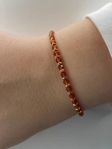 Hessonite Garnet 2-3MM Faceted Round Gemstone Beads Gold Plated Bracelet 6-8" - Picture 1 of 12